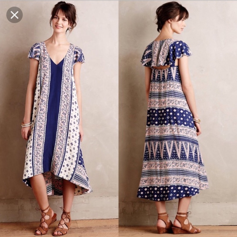 Anthropologie High Low Dress in Blue and Cream